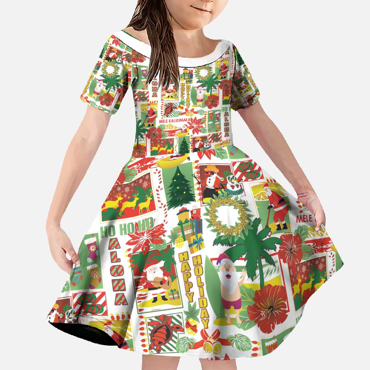 Hawaiian Santa Christmas Pattern Family Matching Off The Shoulder Long Sleeve Dress and Hawaiian Shirt White Version - Polynesian Pride