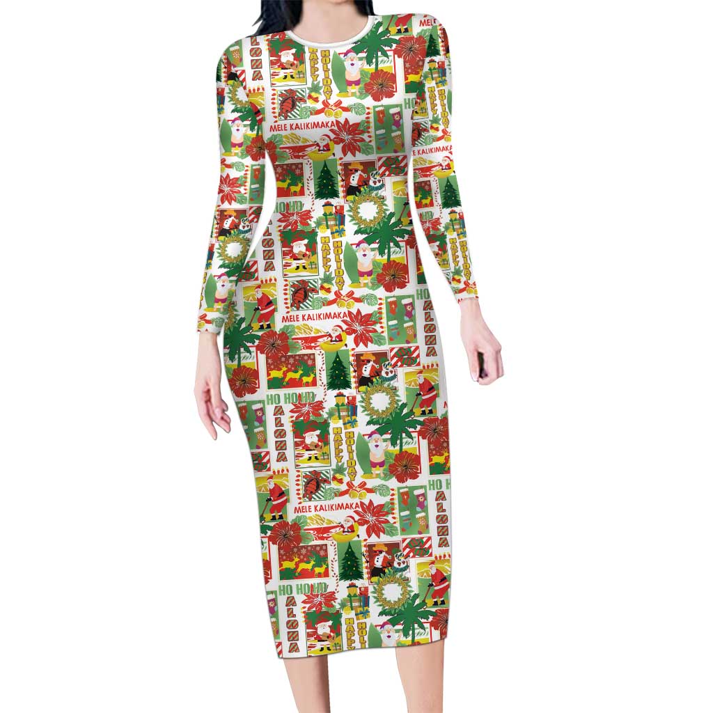 Hawaiian Santa Christmas Pattern Long Sleeve Bodycon Dress White Version - Polynesian Pride