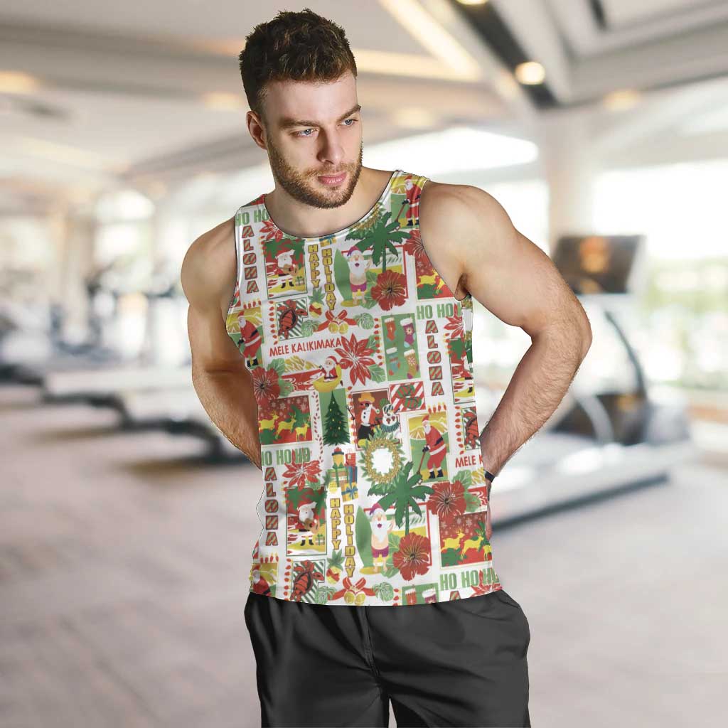 Hawaiian Santa Christmas Pattern Men Tank Top White Version - Polynesian Pride