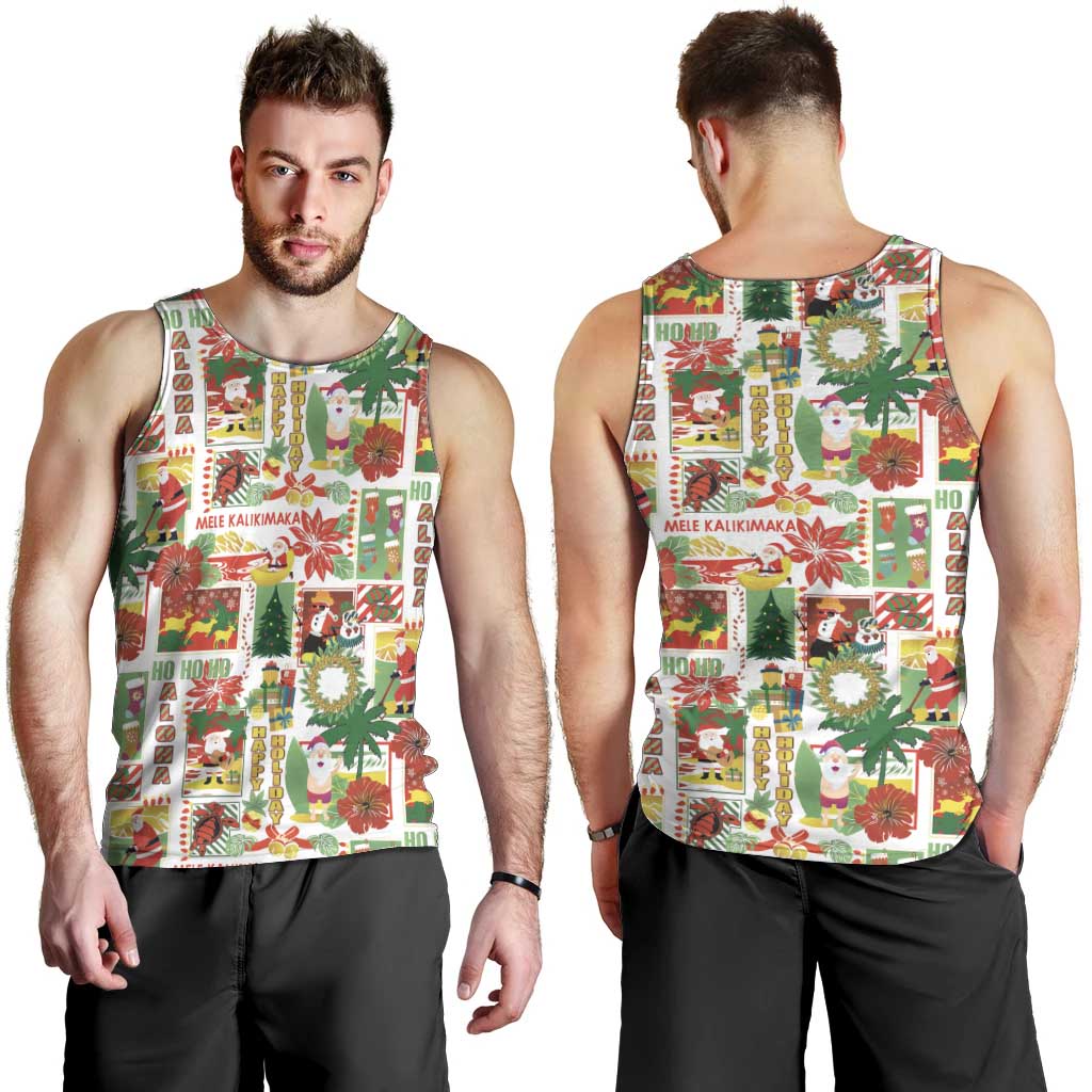 Hawaiian Santa Christmas Pattern Men Tank Top White Version - Polynesian Pride