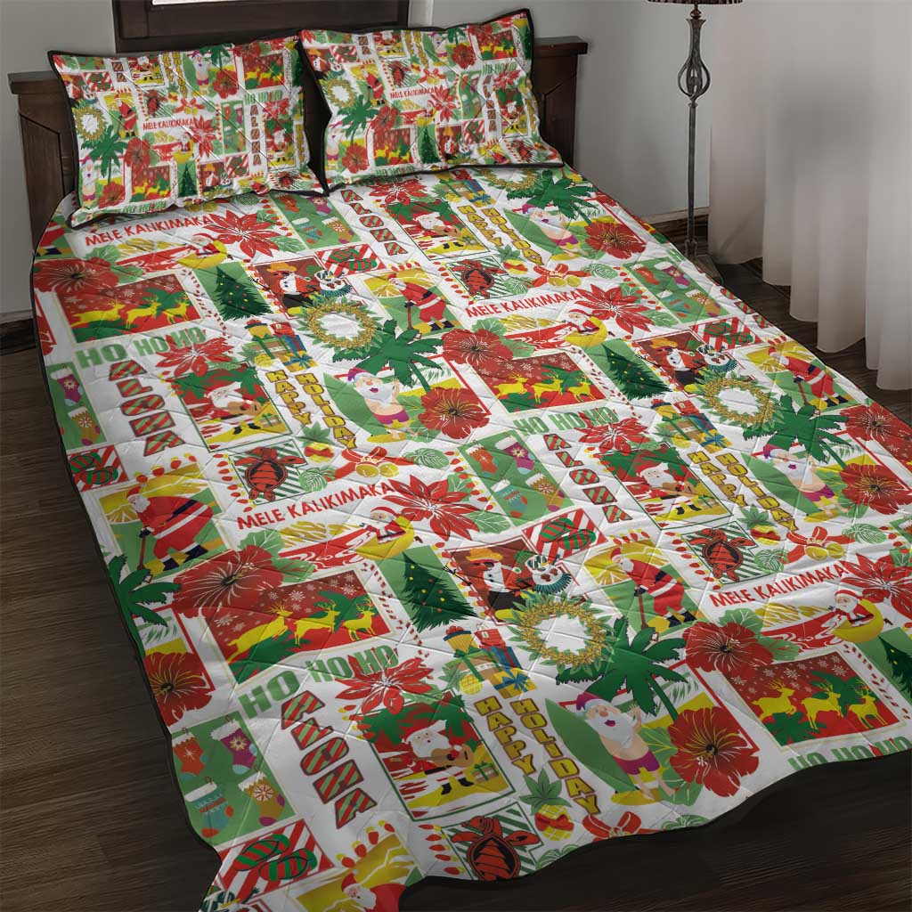 Hawaiian Santa Christmas Pattern Quilt Bed Set White Version - Polynesian Pride