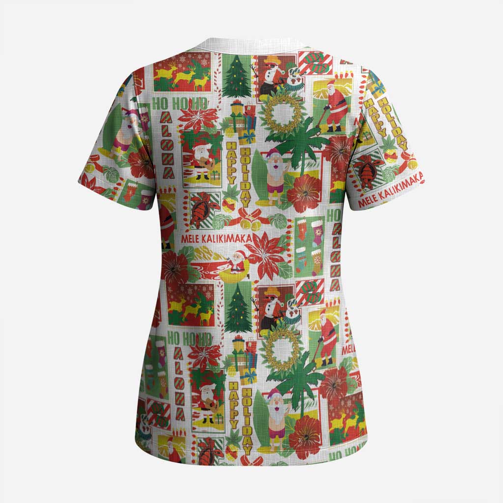 Hawaiian Santa Christmas Pattern Scrub Top White Version - Polynesian Pride
