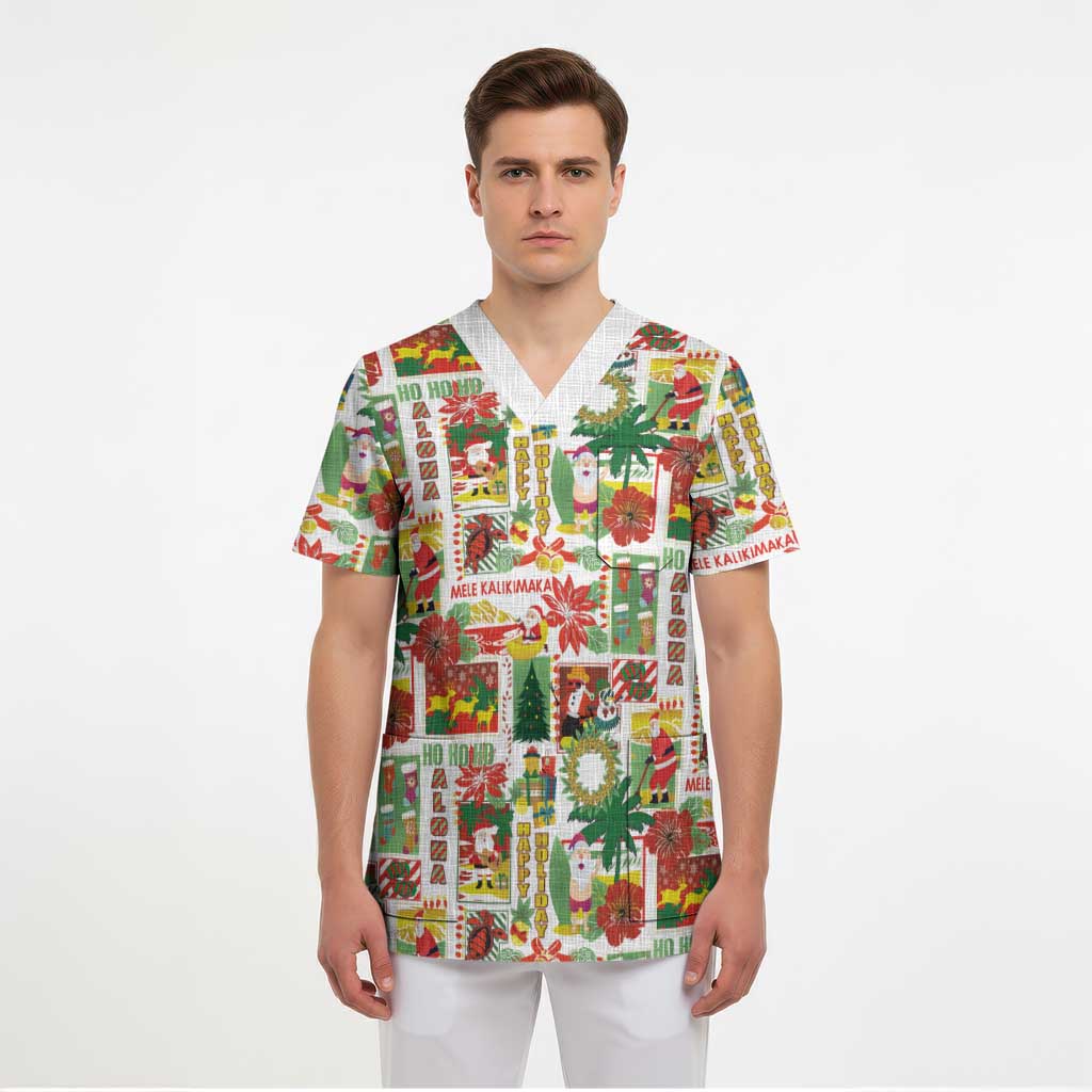 Hawaiian Santa Christmas Pattern Scrub Top White Version - Polynesian Pride