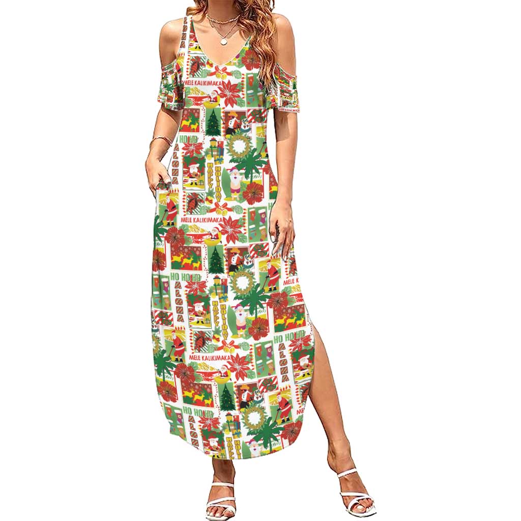 Hawaiian Santa Christmas Pattern Summer Maxi Dress White Version - Polynesian Pride
