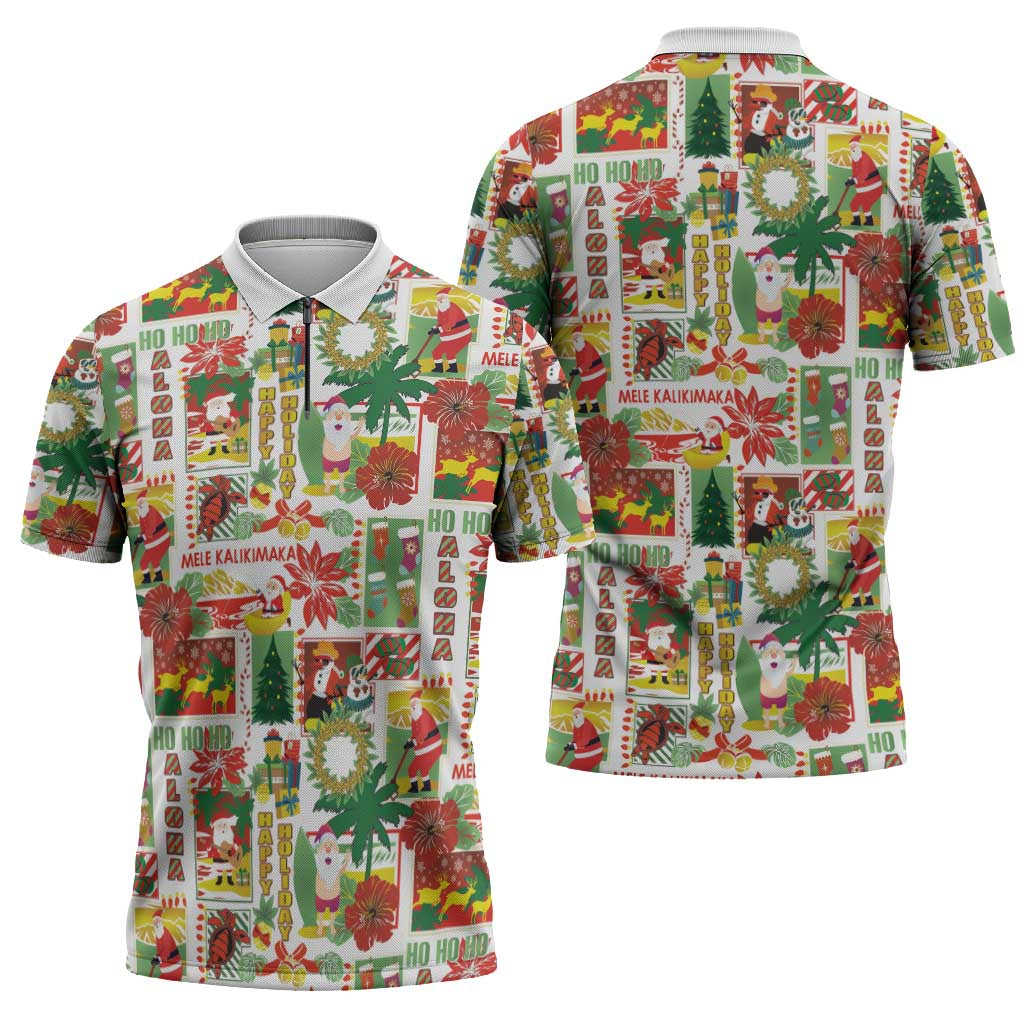 Hawaiian Santa Christmas Pattern Zipper Polo Shirt White Version - Polynesian Pride
