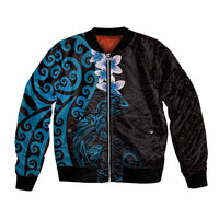 New Zealand Tuatara Plumeria Bomber Jacket Maori Blue Koru Tribal Tattoo