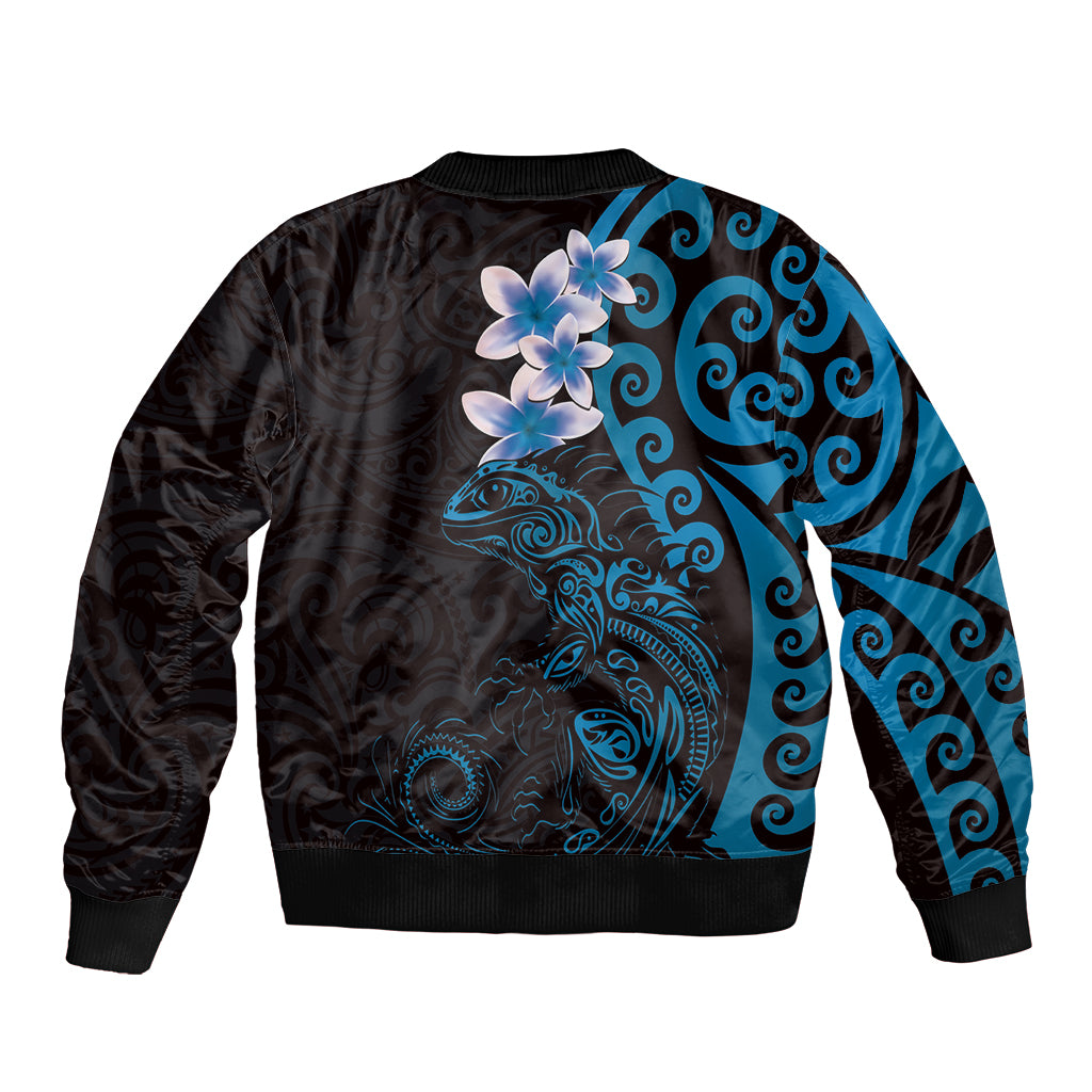 New Zealand Tuatara Plumeria Bomber Jacket Maori Blue Koru Tribal Tattoo