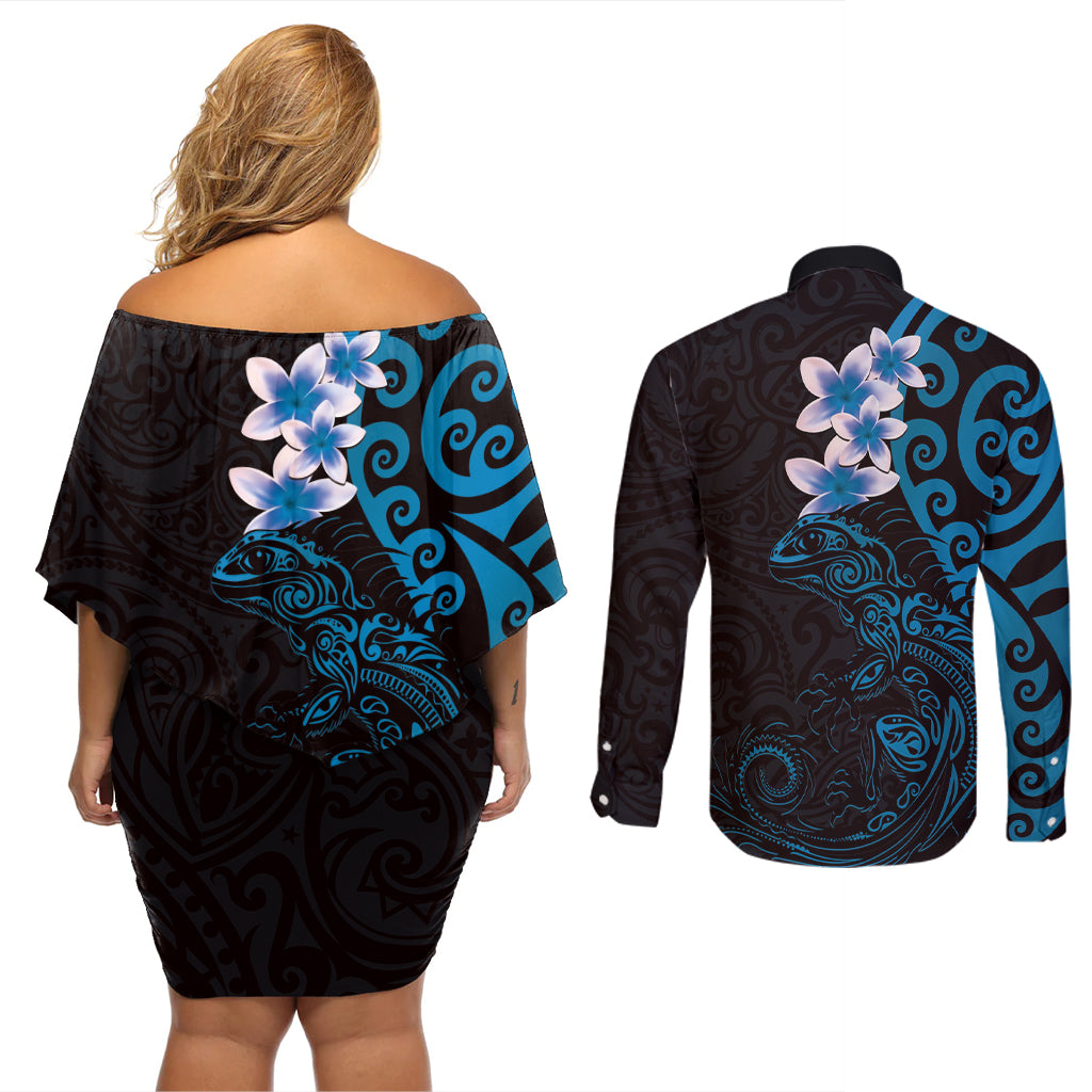 New Zealand Tuatara Plumeria Couples Matching Off Shoulder Short Dress and Long Sleeve Button Shirt Maori Blue Koru Tribal Tattoo