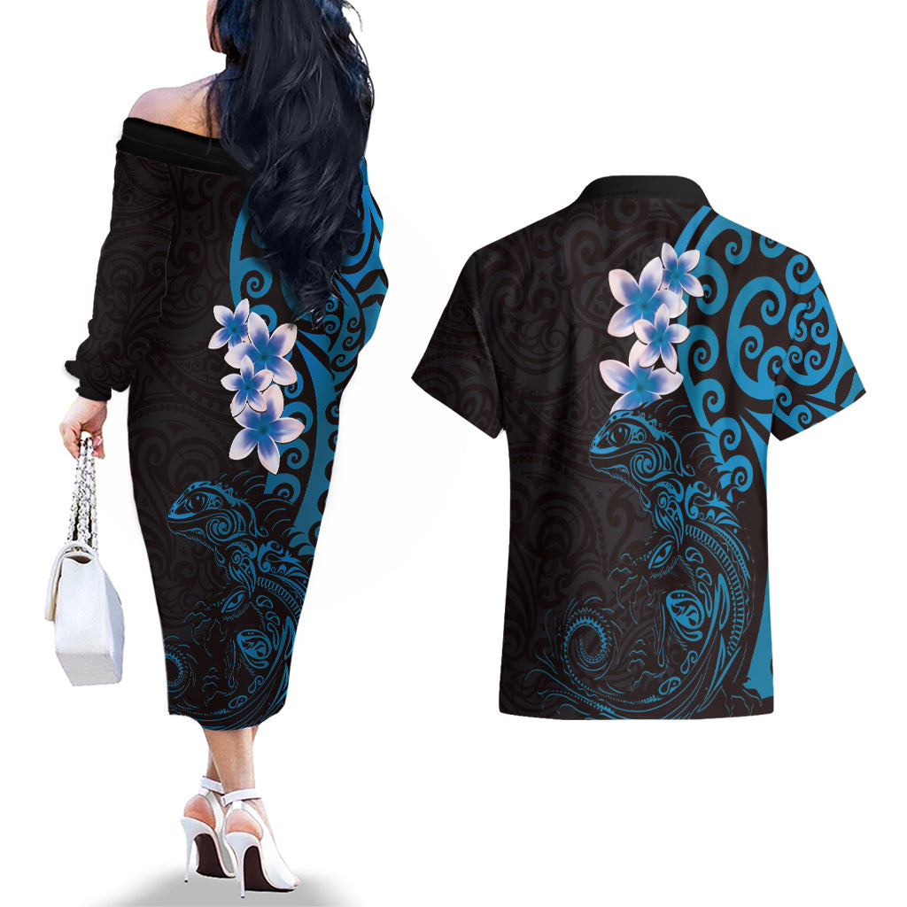 New Zealand Tuatara Plumeria Couples Matching Off The Shoulder Long Sleeve Dress and Hawaiian Shirt Maori Blue Koru Tribal Tattoo