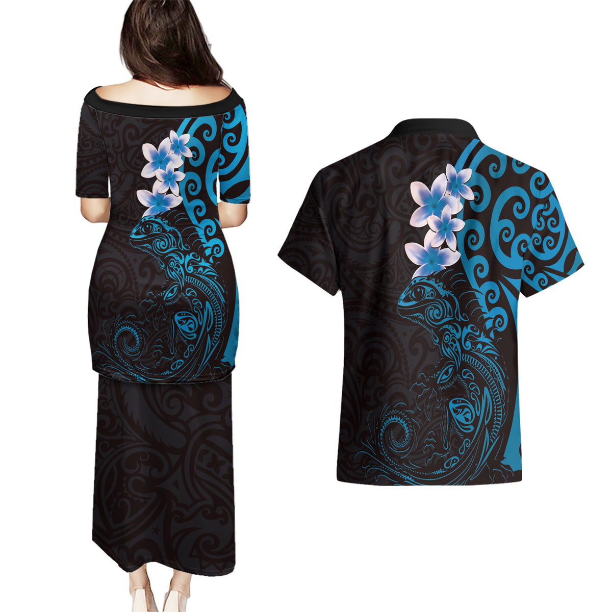 New Zealand Tuatara Plumeria Couples Matching Puletasi and Hawaiian Shirt Maori Blue Koru Tribal Tattoo
