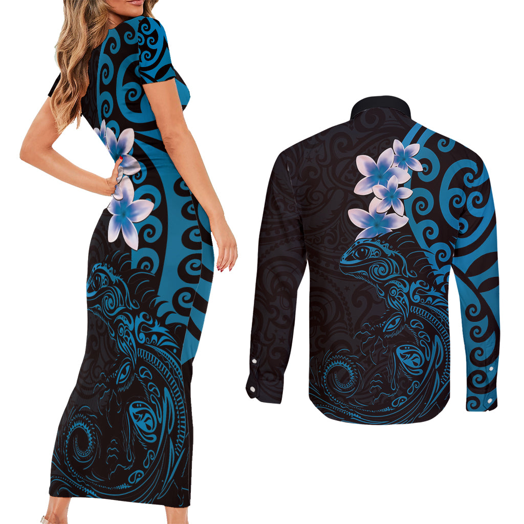 New Zealand Tuatara Plumeria Couples Matching Short Sleeve Bodycon Dress and Long Sleeve Button Shirt Maori Blue Koru Tribal Tattoo