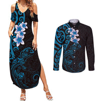 New Zealand Tuatara Plumeria Couples Matching Summer Maxi Dress and Long Sleeve Button Shirt Maori Blue Koru Tribal Tattoo