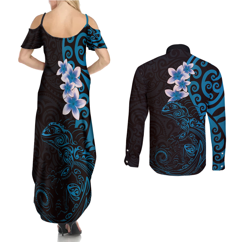 New Zealand Tuatara Plumeria Couples Matching Summer Maxi Dress and Long Sleeve Button Shirt Maori Blue Koru Tribal Tattoo