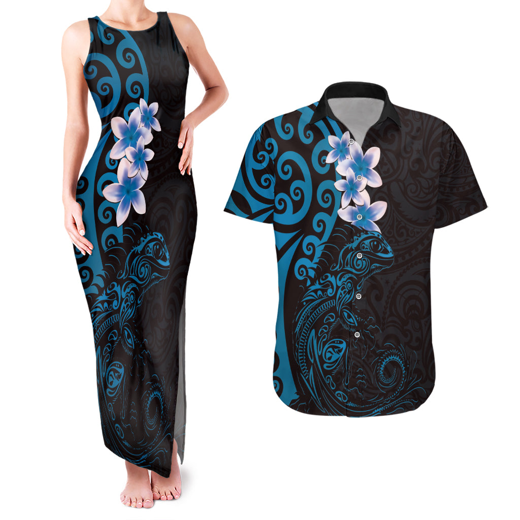 New Zealand Tuatara Plumeria Couples Matching Tank Maxi Dress and Hawaiian Shirt Maori Blue Koru Tribal Tattoo