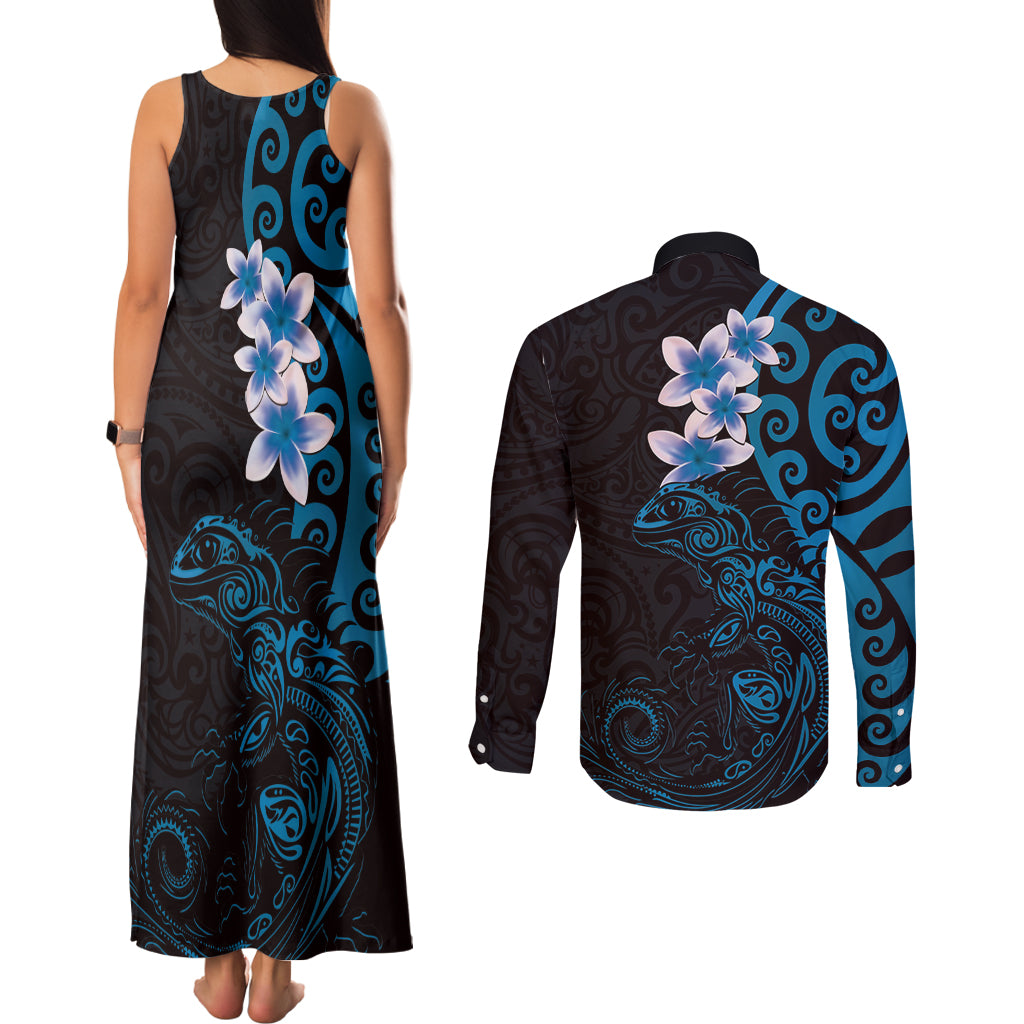 New Zealand Tuatara Plumeria Couples Matching Tank Maxi Dress and Long Sleeve Button Shirt Maori Blue Koru Tribal Tattoo