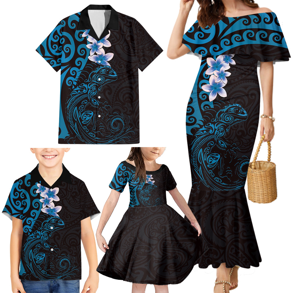 New Zealand Tuatara Plumeria Family Matching Mermaid Dress and Hawaiian Shirt Maori Blue Koru Tribal Tattoo
