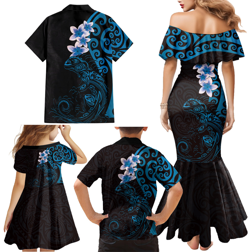 New Zealand Tuatara Plumeria Family Matching Mermaid Dress and Hawaiian Shirt Maori Blue Koru Tribal Tattoo