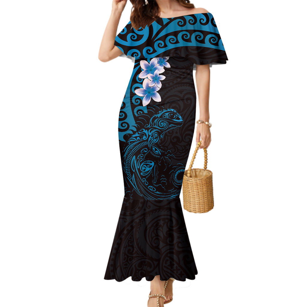 New Zealand Tuatara Plumeria Family Matching Mermaid Dress and Hawaiian Shirt Maori Blue Koru Tribal Tattoo