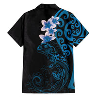 New Zealand Tuatara Plumeria Family Matching Off The Shoulder Long Sleeve Dress and Hawaiian Shirt Maori Blue Koru Tribal Tattoo