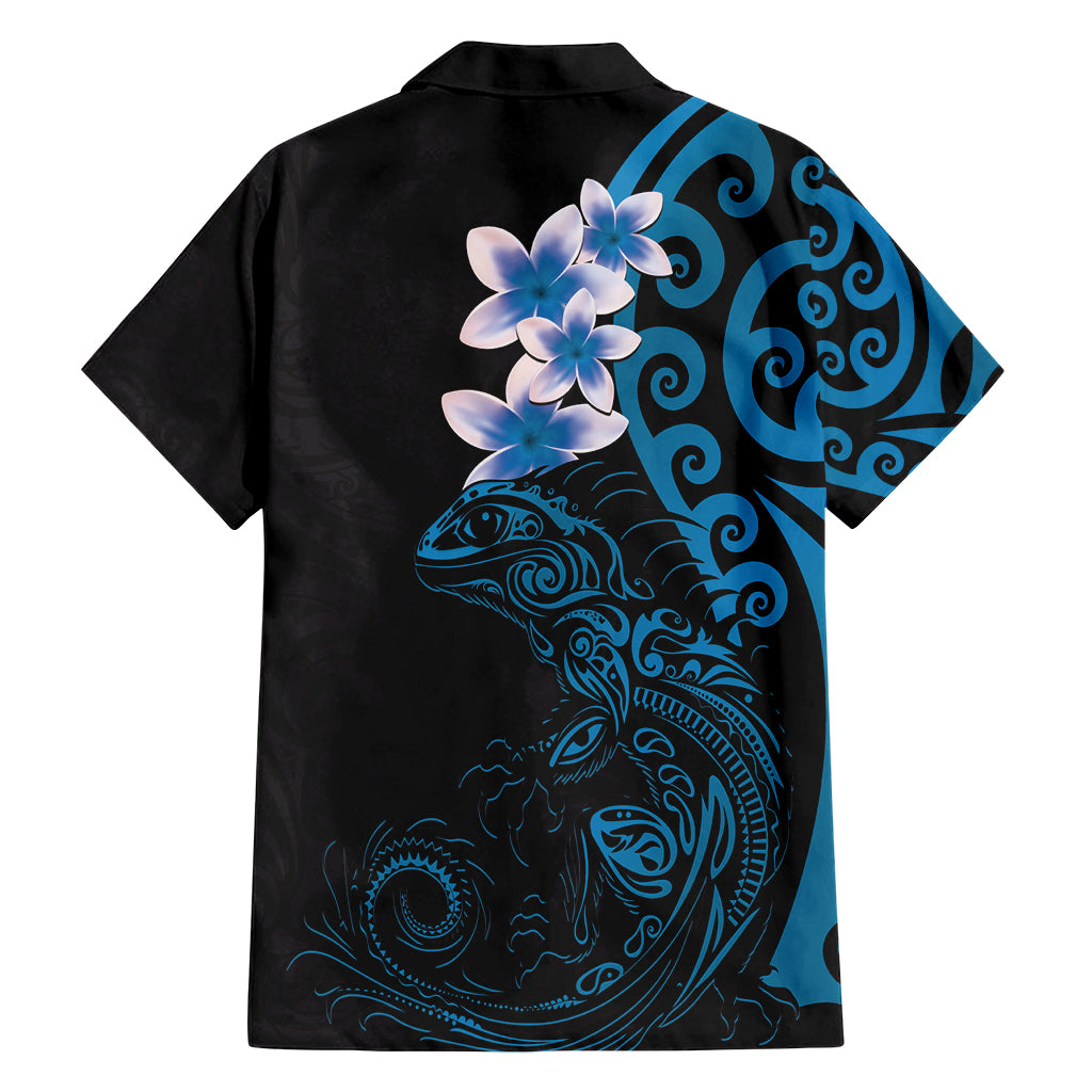 New Zealand Tuatara Plumeria Family Matching Off Shoulder Short Dress and Hawaiian Shirt Maori Blue Koru Tribal Tattoo