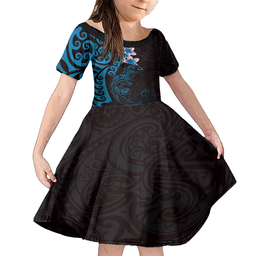 New Zealand Tuatara Plumeria Family Matching Tank Maxi Dress and Hawaiian Shirt Maori Blue Koru Tribal Tattoo