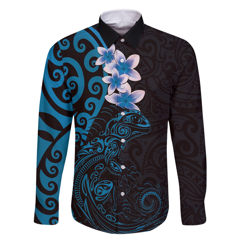 New Zealand Tuatara Plumeria Family Matching Tank Maxi Dress and Hawaiian Shirt Maori Blue Koru Tribal Tattoo
