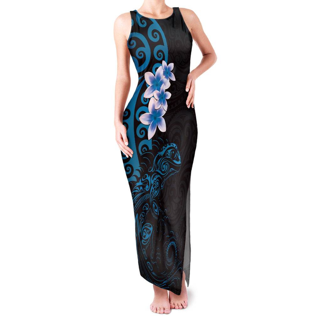 New Zealand Tuatara Plumeria Family Matching Tank Maxi Dress and Hawaiian Shirt Maori Blue Koru Tribal Tattoo