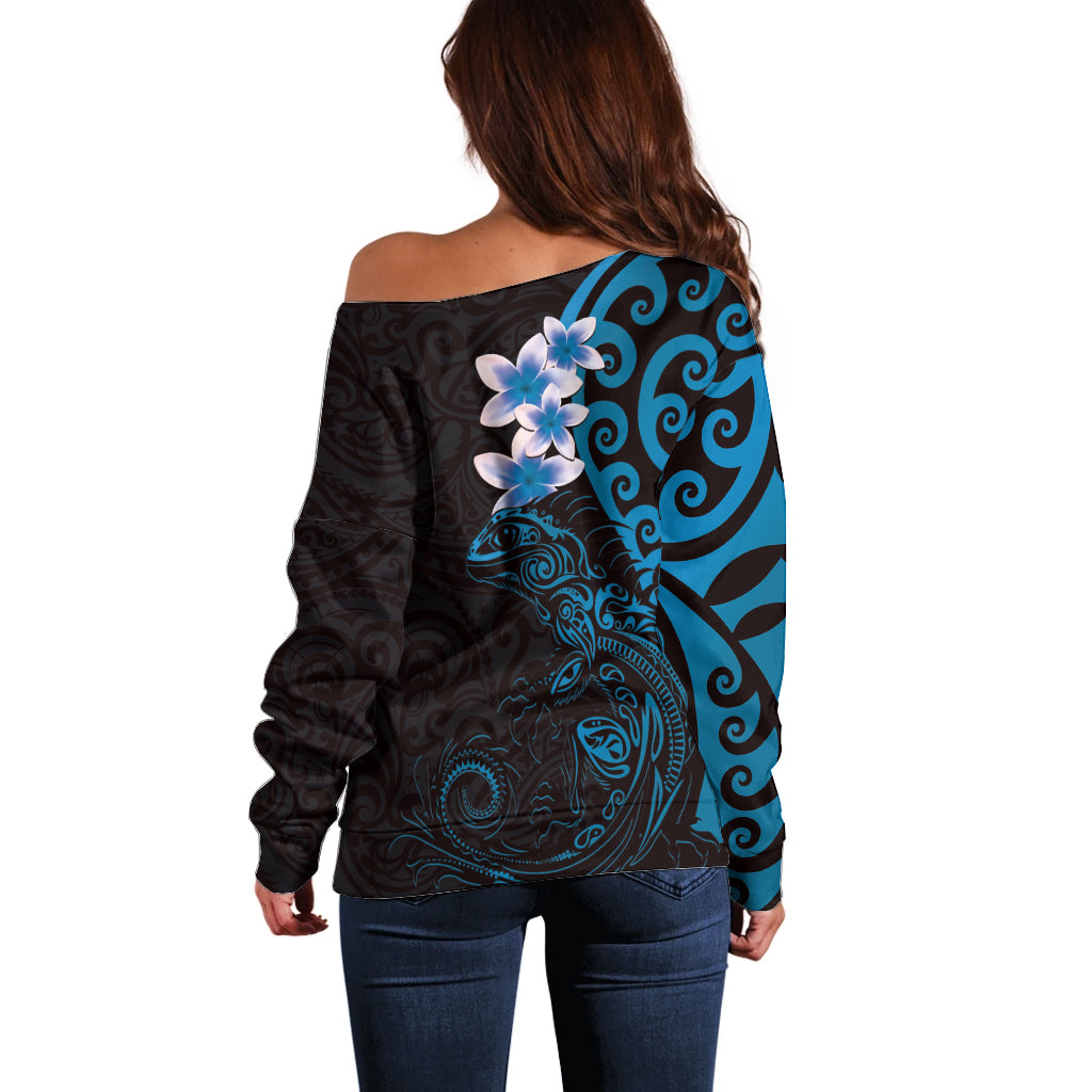 New Zealand Tuatara Plumeria Off Shoulder Sweater Maori Blue Koru Tribal Tattoo