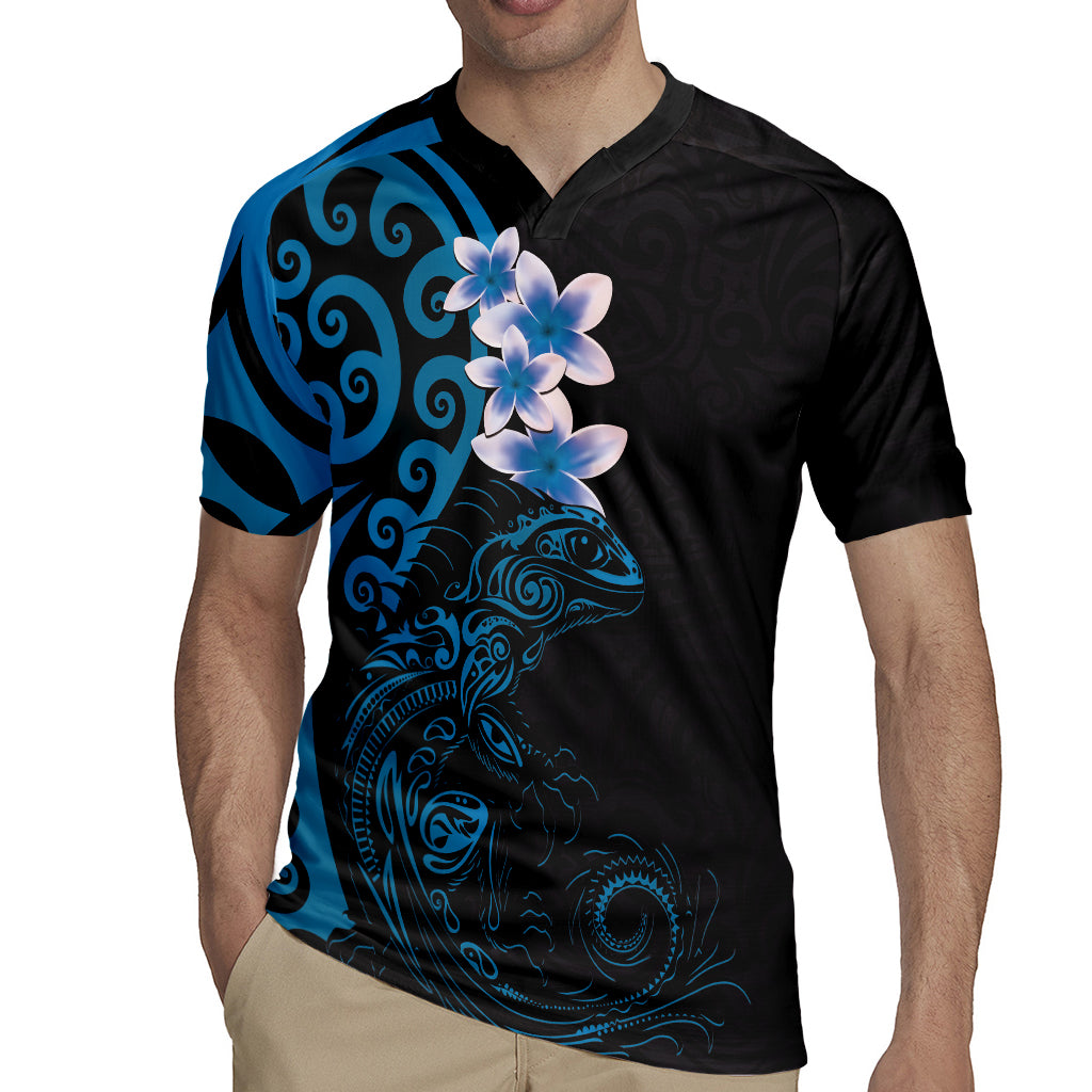 New Zealand Tuatara Plumeria Rugby Jersey Maori Blue Koru Tribal Tattoo
