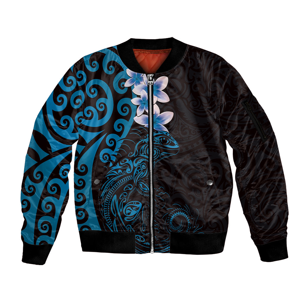 New Zealand Tuatara Plumeria Sleeve Zip Bomber Jacket Maori Blue Koru Tribal Tattoo