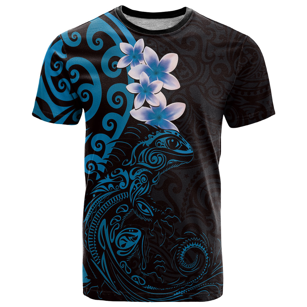 New Zealand Tuatara Plumeria T Shirt Maori Blue Koru Tribal Tattoo LT01 Blue - Polynesian Pride