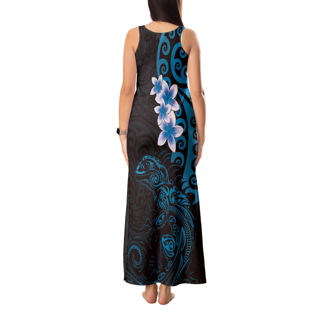 New Zealand Tuatara Plumeria Tank Maxi Dress Maori Blue Koru Tribal Tattoo
