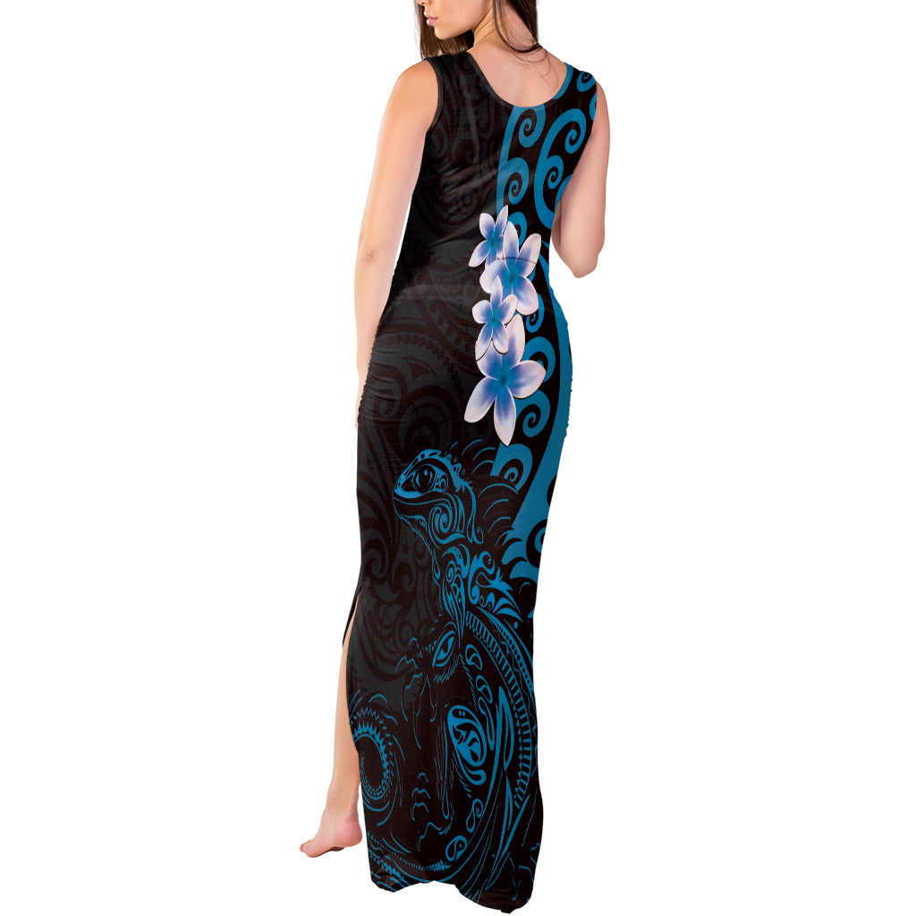 New Zealand Tuatara Plumeria Tank Maxi Dress Maori Blue Koru Tribal Tattoo