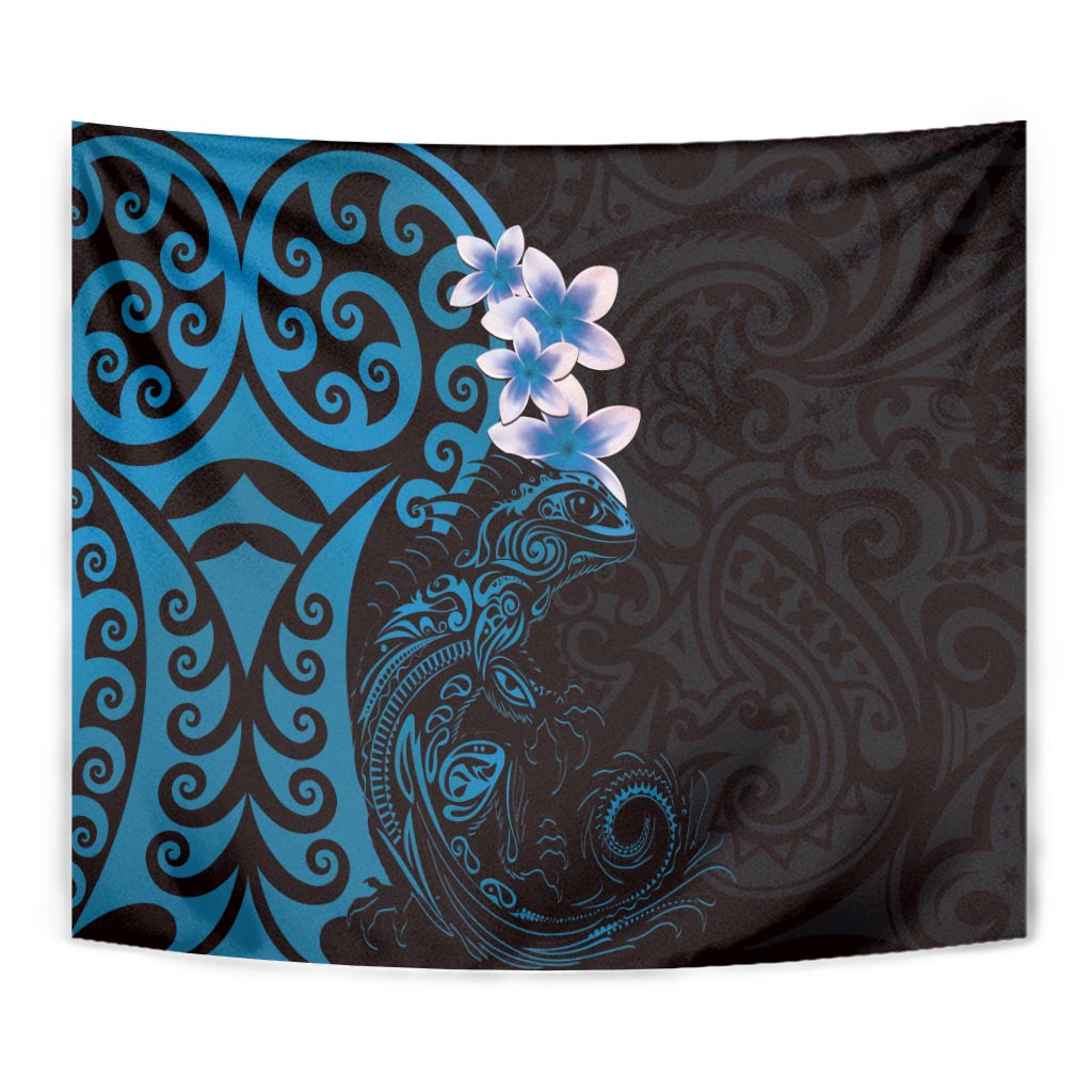 New Zealand Tuatara Plumeria Tapestry Maori Blue Koru Tribal Tattoo