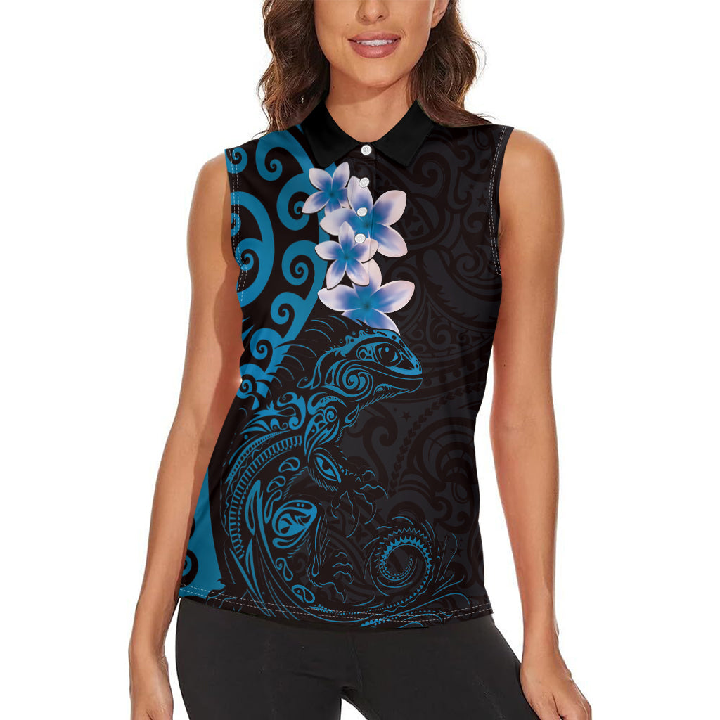 New Zealand Tuatara Plumeria Women Sleeveless Polo Shirt Maori Blue Koru Tribal Tattoo