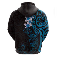 New Zealand Tuatara Plumeria Zip Hoodie Maori Blue Koru Tribal Tattoo