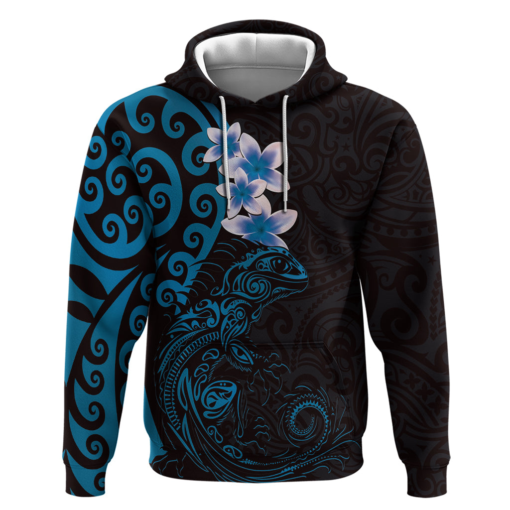 New Zealand Tuatara Plumeria Zip Hoodie Maori Blue Koru Tribal Tattoo