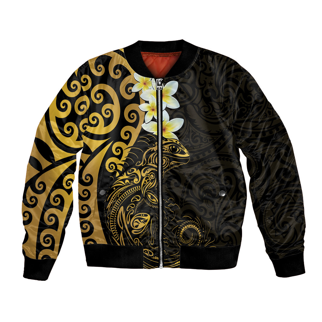New Zealand Tuatara Plumeria Bomber Jacket Maori Gold Koru Tribal Tattoo LT01 Unisex Gold - Polynesian Pride