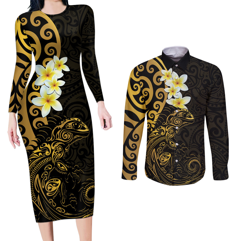New Zealand Tuatara Plumeria Couples Matching Long Sleeve Bodycon Dress and Long Sleeve Button Shirt Maori Gold Koru Tribal Tattoo