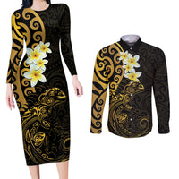 New Zealand Tuatara Plumeria Couples Matching Long Sleeve Bodycon Dress and Long Sleeve Button Shirt Maori Gold Koru Tribal Tattoo