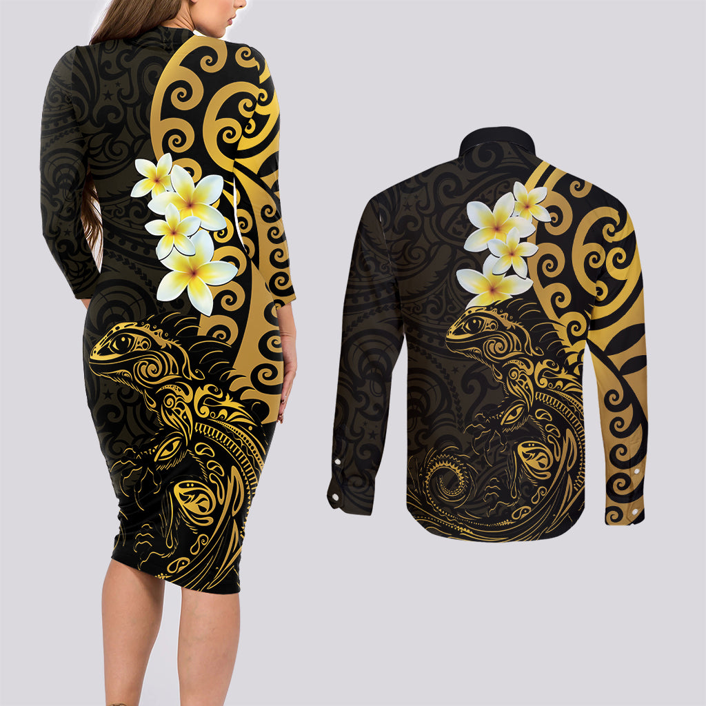 New Zealand Tuatara Plumeria Couples Matching Long Sleeve Bodycon Dress and Long Sleeve Button Shirt Maori Gold Koru Tribal Tattoo