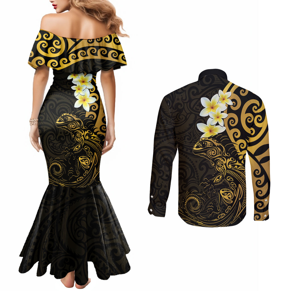 New Zealand Tuatara Plumeria Couples Matching Mermaid Dress and Long Sleeve Button Shirt Maori Gold Koru Tribal Tattoo