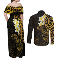 New Zealand Tuatara Plumeria Couples Matching Off Shoulder Maxi Dress and Long Sleeve Button Shirt Maori Gold Koru Tribal Tattoo
