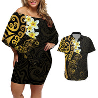 New Zealand Tuatara Plumeria Couples Matching Off Shoulder Short Dress and Hawaiian Shirt Maori Gold Koru Tribal Tattoo