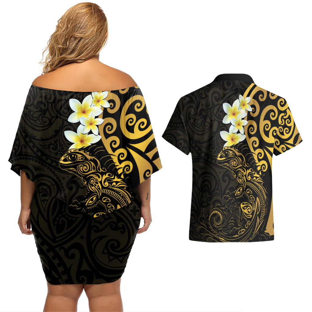 New Zealand Tuatara Plumeria Couples Matching Off Shoulder Short Dress and Hawaiian Shirt Maori Gold Koru Tribal Tattoo