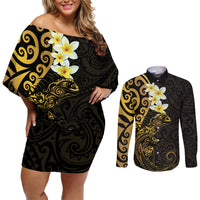 New Zealand Tuatara Plumeria Couples Matching Off Shoulder Short Dress and Long Sleeve Button Shirt Maori Gold Koru Tribal Tattoo
