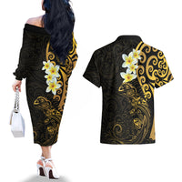 New Zealand Tuatara Plumeria Couples Matching Off The Shoulder Long Sleeve Dress and Hawaiian Shirt Maori Gold Koru Tribal Tattoo
