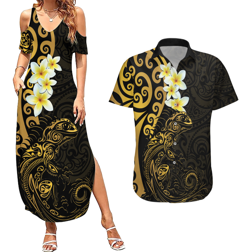 New Zealand Tuatara Plumeria Couples Matching Summer Maxi Dress and Hawaiian Shirt Maori Gold Koru Tribal Tattoo