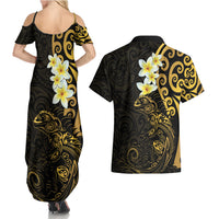 New Zealand Tuatara Plumeria Couples Matching Summer Maxi Dress and Hawaiian Shirt Maori Gold Koru Tribal Tattoo