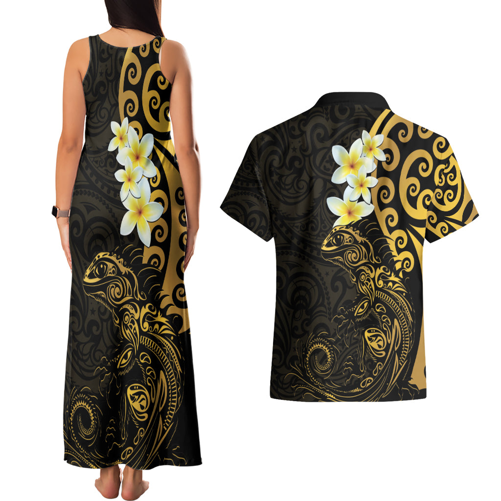 New Zealand Tuatara Plumeria Couples Matching Tank Maxi Dress and Hawaiian Shirt Maori Gold Koru Tribal Tattoo